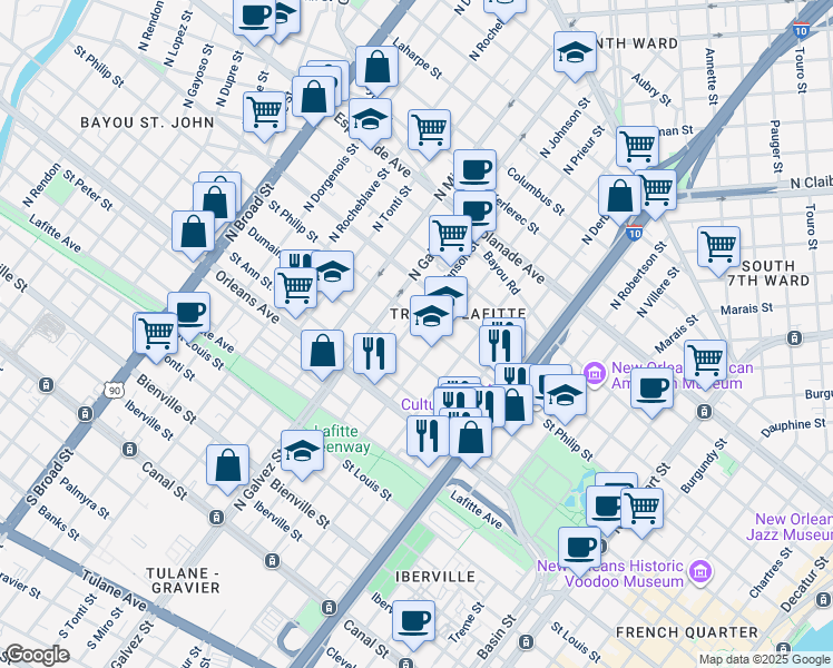 map of restaurants, bars, coffee shops, grocery stores, and more near 926 North Johnson Street in New Orleans
