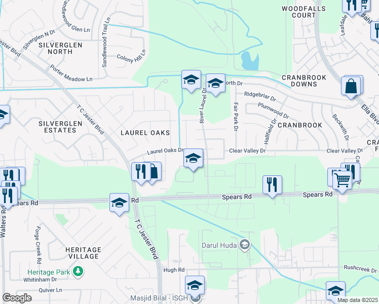map of restaurants, bars, coffee shops, grocery stores, and more near 12322 May Laurel Drive in Houston