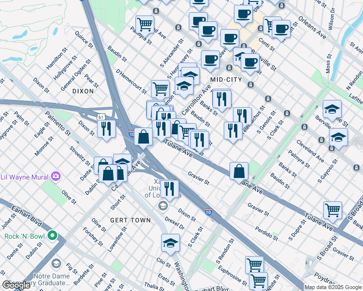 map of restaurants, bars, coffee shops, grocery stores, and more near 4025 U.S. 61 in New Orleans