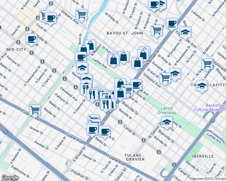 map of restaurants, bars, coffee shops, grocery stores, and more near 312 North White Street in New Orleans