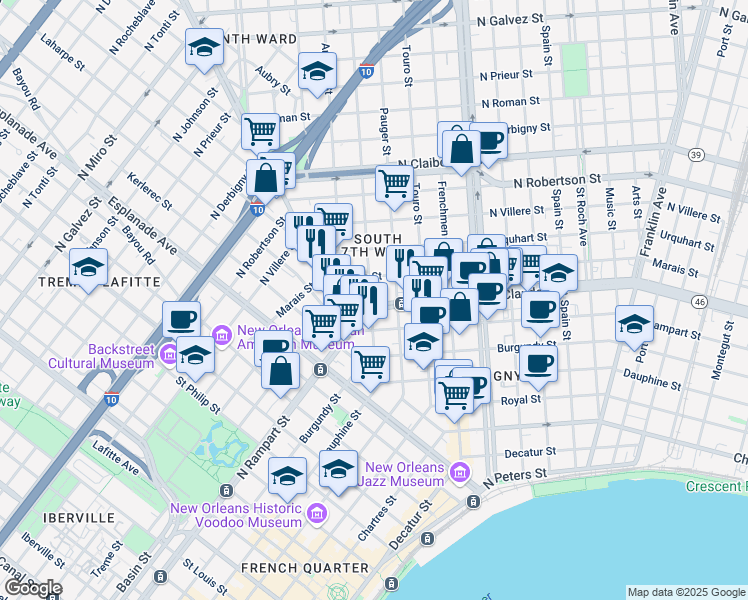 map of restaurants, bars, coffee shops, grocery stores, and more near 1803 Henriette Delille Street in New Orleans