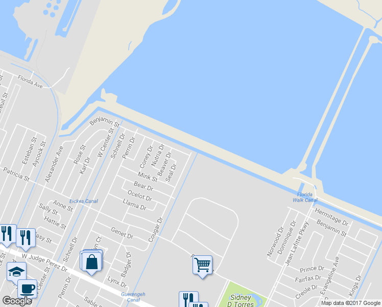 map of restaurants, bars, coffee shops, grocery stores, and more near 909 Cougar Drive in Arabi