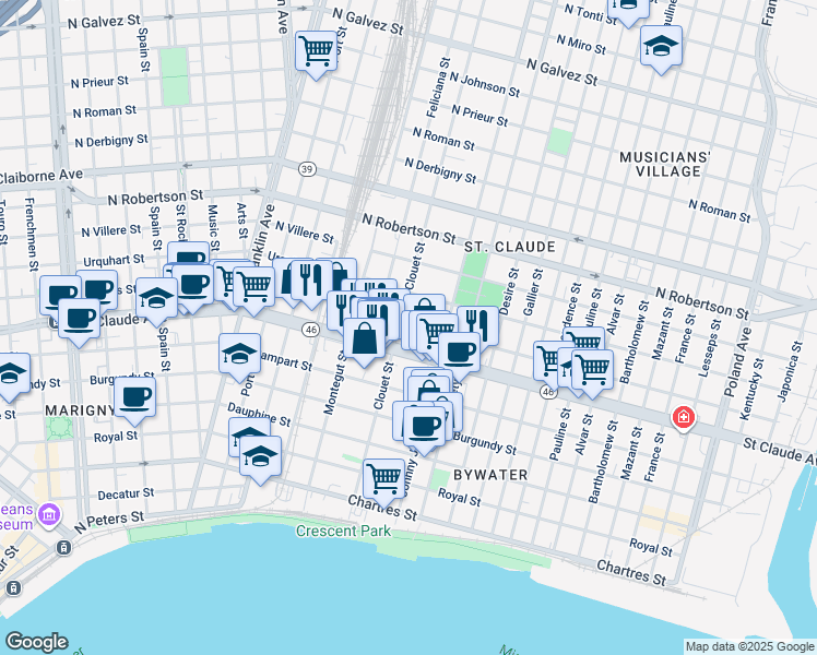 map of restaurants, bars, coffee shops, grocery stores, and more near 3113 Marais Street in New Orleans