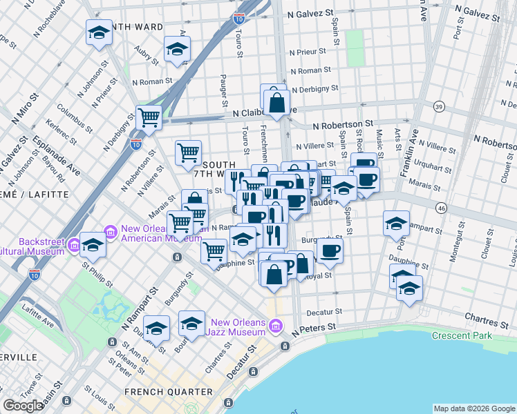 map of restaurants, bars, coffee shops, grocery stores, and more near 1114 Frenchmen Street in New Orleans