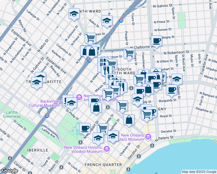map of restaurants, bars, coffee shops, grocery stores, and more near in New Orleans
