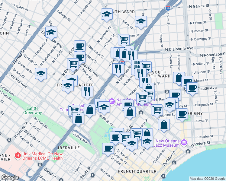 map of restaurants, bars, coffee shops, grocery stores, and more near 1422 Esplanade Avenue in New Orleans