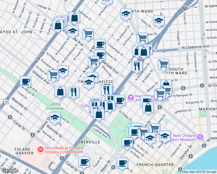 map of restaurants, bars, coffee shops, grocery stores, and more near 1835 Ursulines Avenue in New Orleans