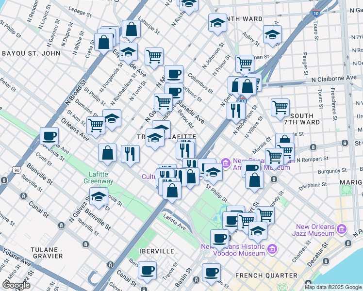 map of restaurants, bars, coffee shops, grocery stores, and more near 1835 Ursulines Avenue in New Orleans