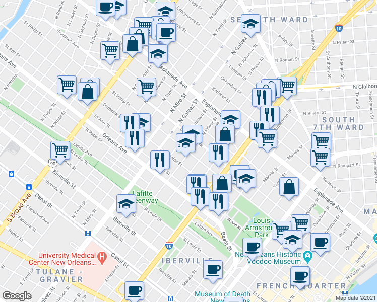 map of restaurants, bars, coffee shops, grocery stores, and more near in New Orleans