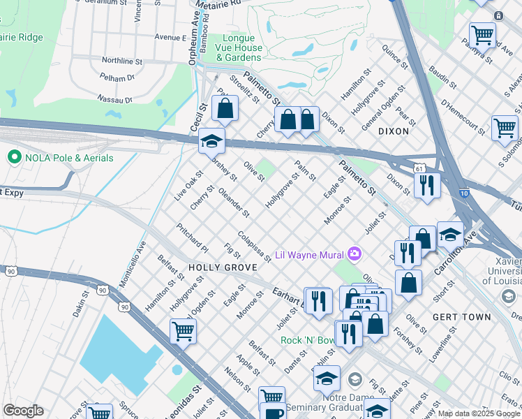 map of restaurants, bars, coffee shops, grocery stores, and more near 9010 Forshey Street in New Orleans