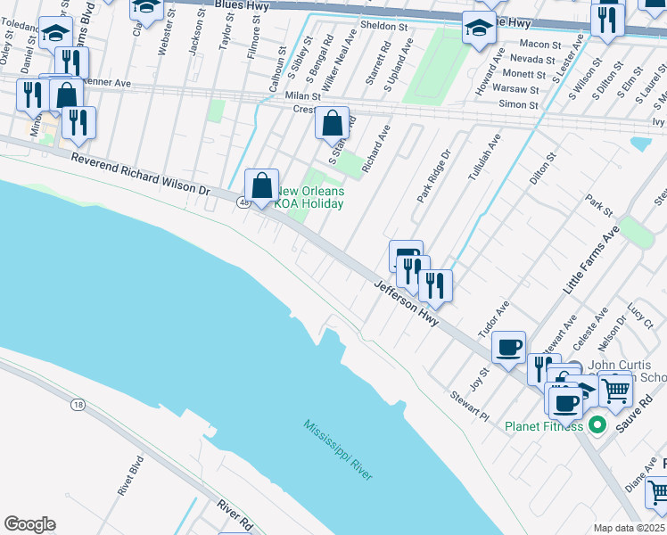 map of restaurants, bars, coffee shops, grocery stores, and more near in River Ridge