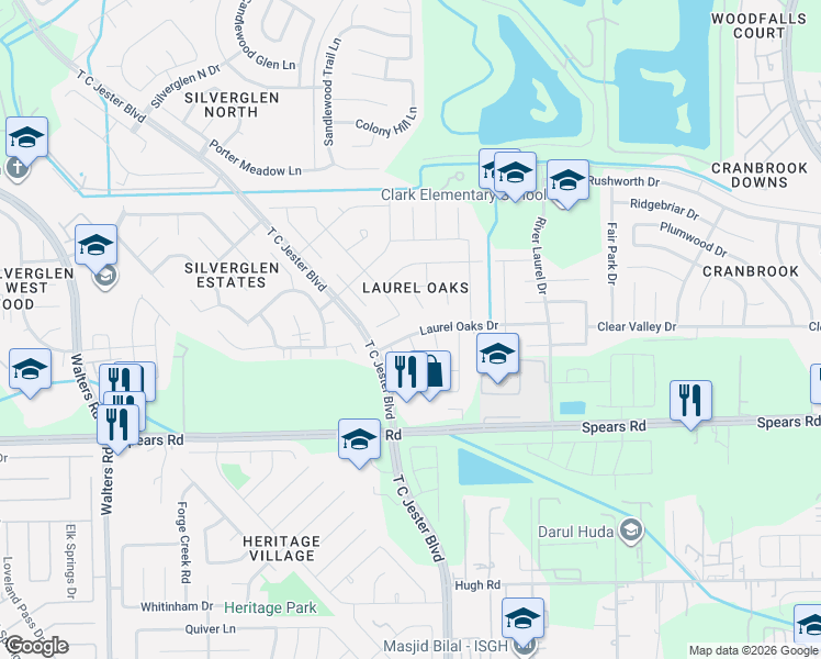 map of restaurants, bars, coffee shops, grocery stores, and more near 2206 Laurel Oaks Drive in Houston