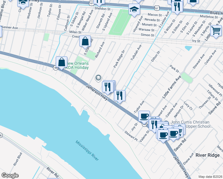 map of restaurants, bars, coffee shops, grocery stores, and more near 228 Tullulah Avenue in River Ridge