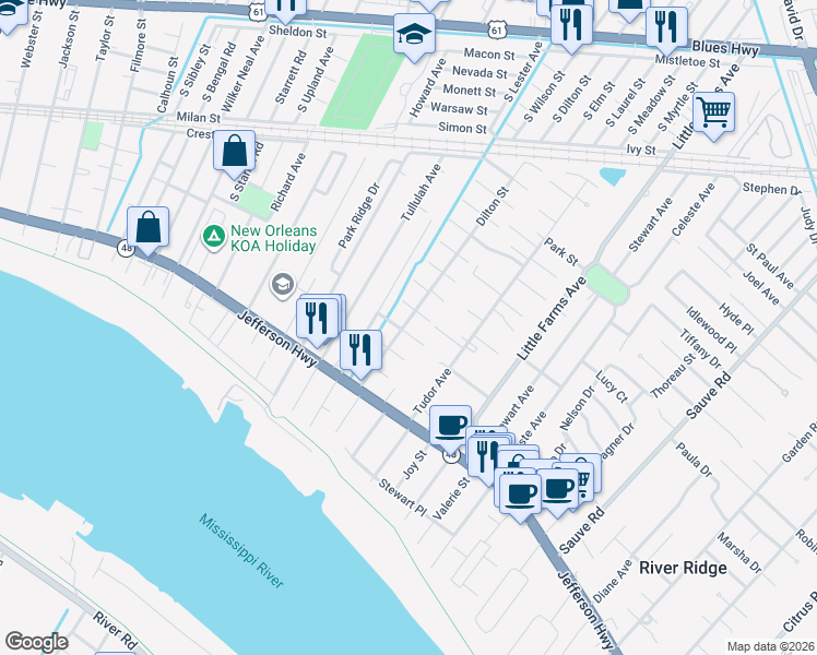 map of restaurants, bars, coffee shops, grocery stores, and more near 427 Dilton Street in River Ridge