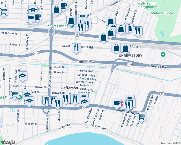 map of restaurants, bars, coffee shops, grocery stores, and more near 31 Davis Boulevard in Jefferson