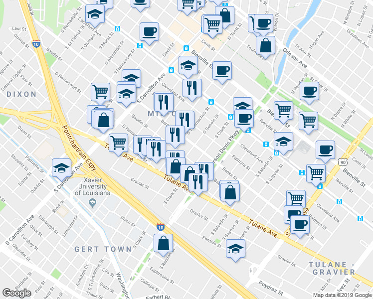 map of restaurants, bars, coffee shops, grocery stores, and more near 413 South Genois Street in New Orleans