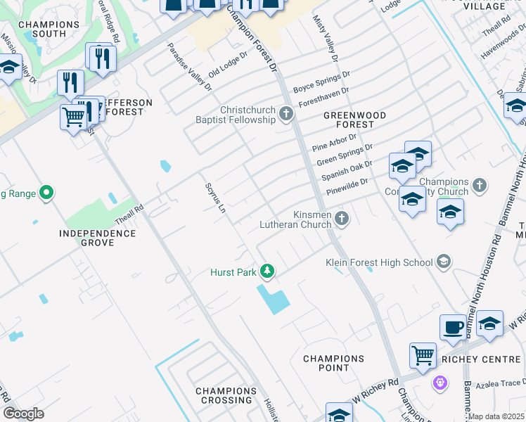 map of restaurants, bars, coffee shops, grocery stores, and more near 5907 Spanish Oak Drive in Houston