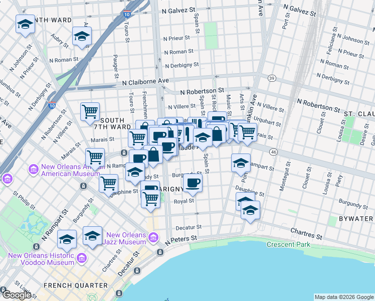map of restaurants, bars, coffee shops, grocery stores, and more near 1040 Marigny Street in New Orleans