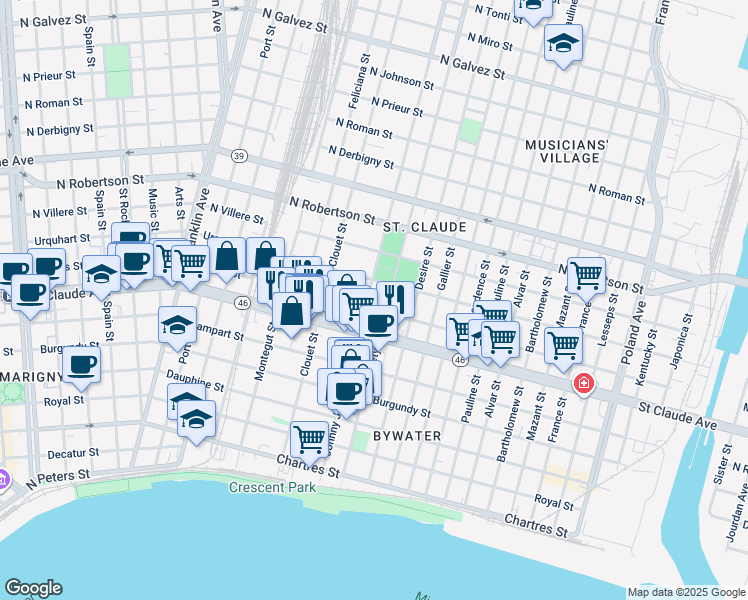 map of restaurants, bars, coffee shops, grocery stores, and more near 1215 Louisa Street in New Orleans