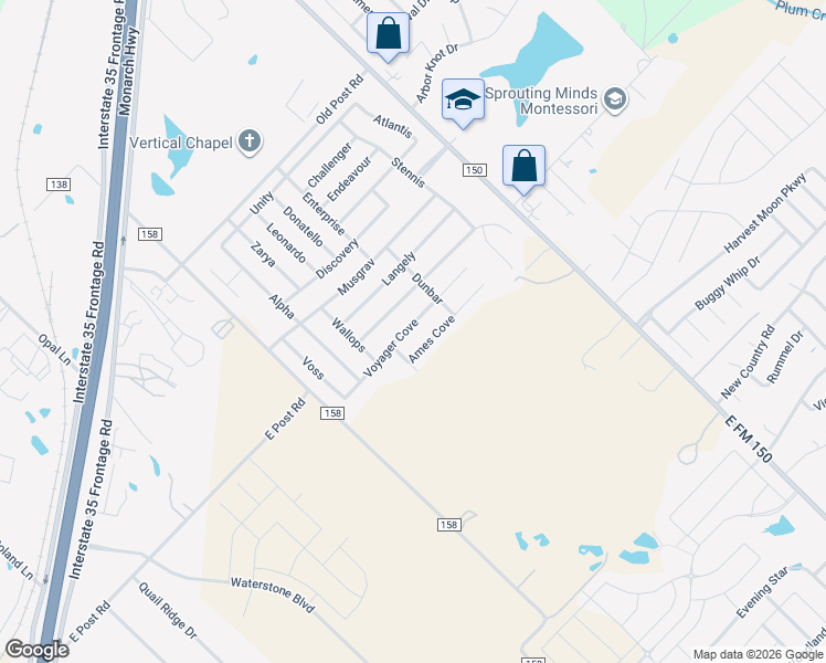 map of restaurants, bars, coffee shops, grocery stores, and more near 303 Voyager Cove in Kyle