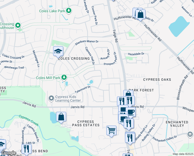 map of restaurants, bars, coffee shops, grocery stores, and more near 15415 Lakeport Crossing Dr in Cypress