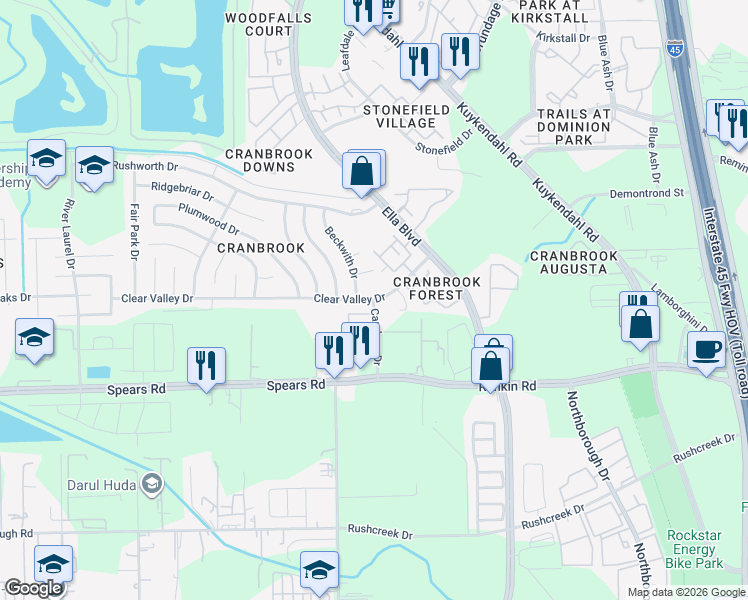 map of restaurants, bars, coffee shops, grocery stores, and more near 13825 Cambury Drive in Houston