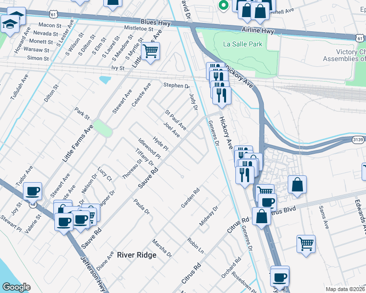 map of restaurants, bars, coffee shops, grocery stores, and more near 9913 Martha Lane in River Ridge