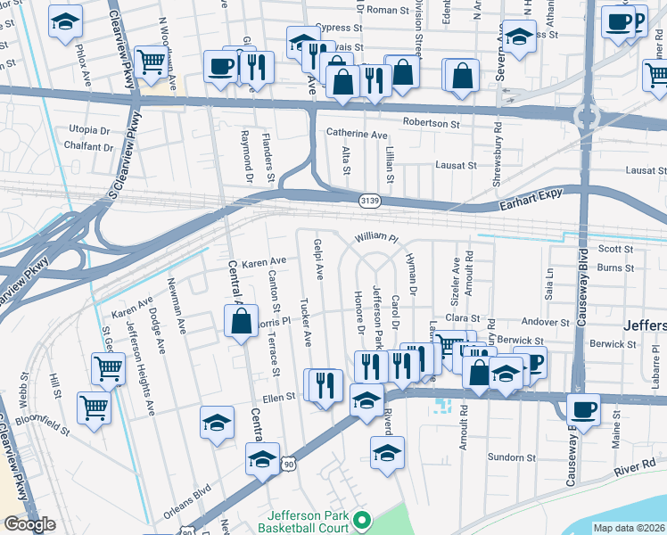 map of restaurants, bars, coffee shops, grocery stores, and more near 627 Julius Avenue in Jefferson