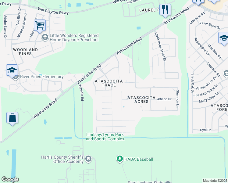 map of restaurants, bars, coffee shops, grocery stores, and more near 17118 Atascocita Bend Drive in Humble