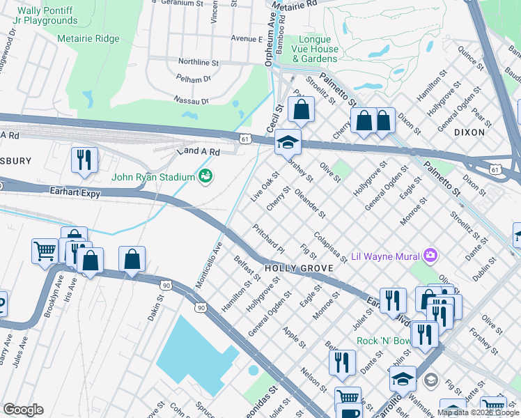 map of restaurants, bars, coffee shops, grocery stores, and more near 9302 Fig Street in New Orleans