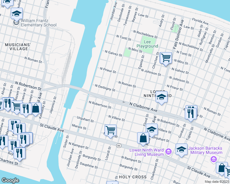 map of restaurants, bars, coffee shops, grocery stores, and more near 5012 North Derbigny Street in New Orleans
