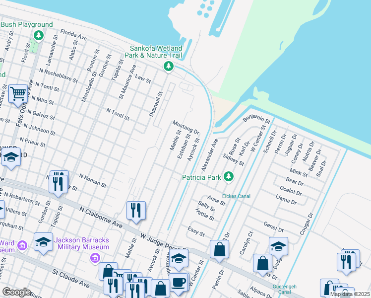 map of restaurants, bars, coffee shops, grocery stores, and more near 2221 Esteban Street in Arabi