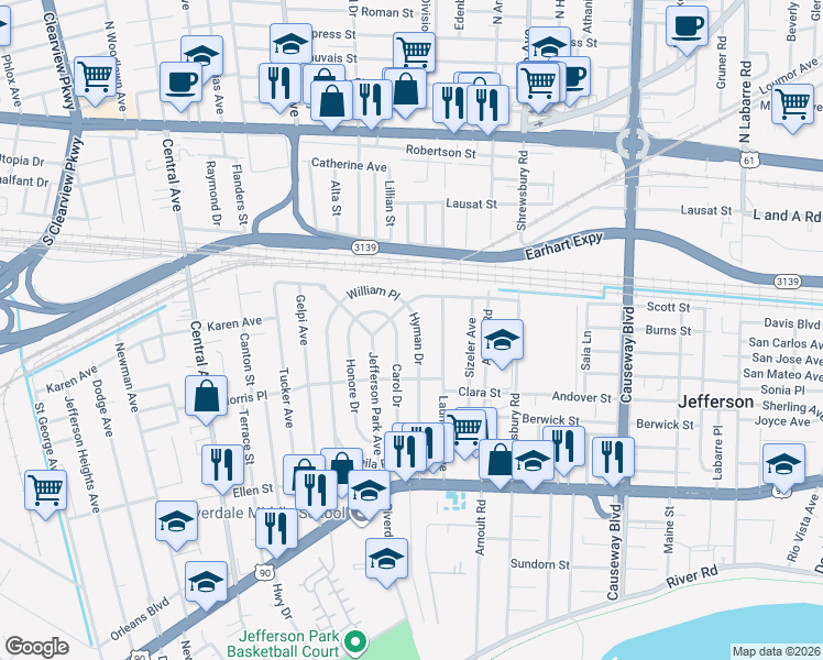 map of restaurants, bars, coffee shops, grocery stores, and more near 622 Hyman Drive in Jefferson