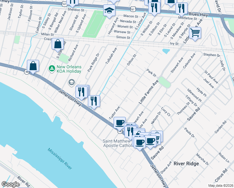map of restaurants, bars, coffee shops, grocery stores, and more near 10525 Stein Drive in River Ridge