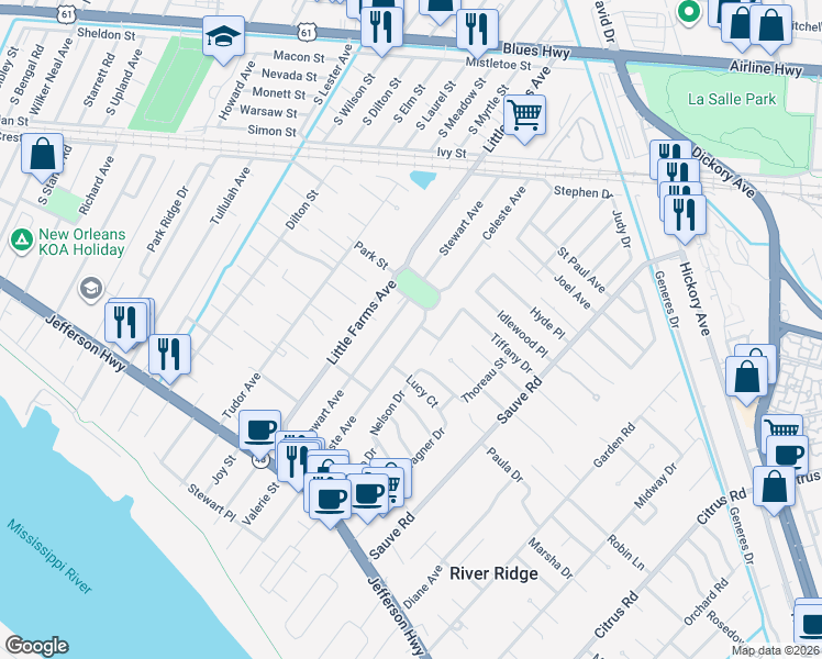 map of restaurants, bars, coffee shops, grocery stores, and more near 424 Celeste Avenue in River Ridge