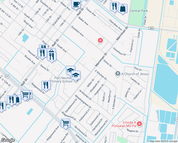 map of restaurants, bars, coffee shops, grocery stores, and more near 2700 Merriman Street in Port Neches