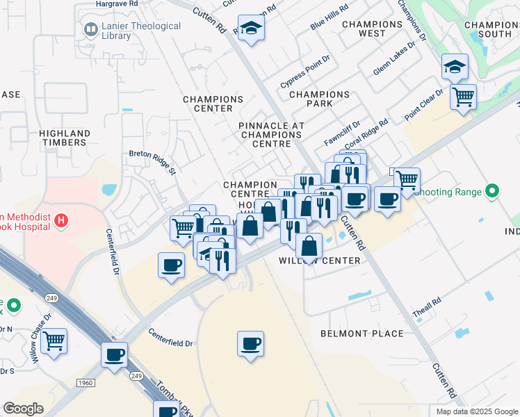 map of restaurants, bars, coffee shops, grocery stores, and more near 13223 Champions Plaza Drive in Houston