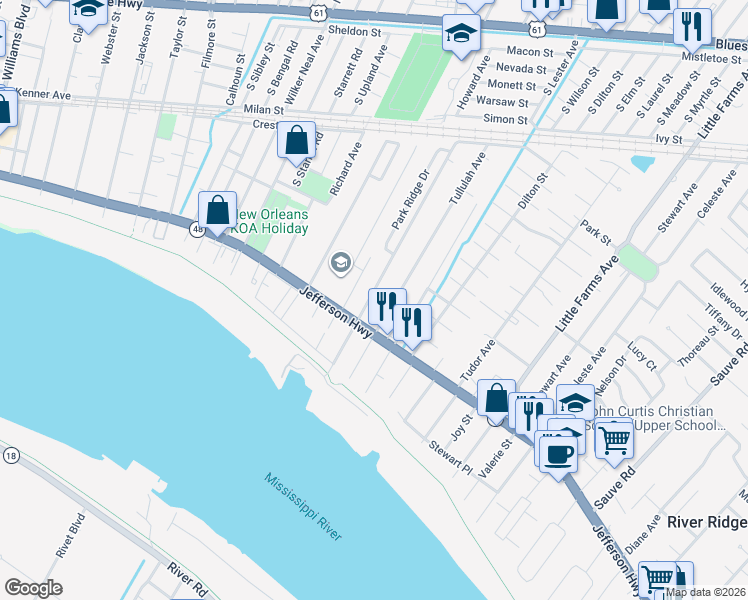 map of restaurants, bars, coffee shops, grocery stores, and more near 228 Tullulah Avenue in River Ridge