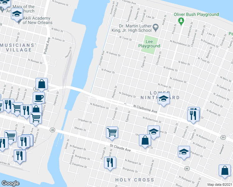 map of restaurants, bars, coffee shops, grocery stores, and more near 5012 North Derbigny Street in New Orleans