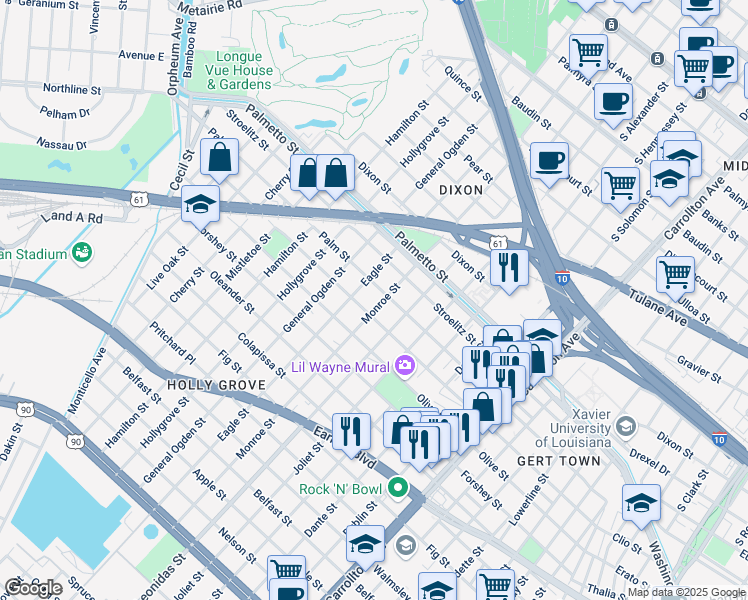 map of restaurants, bars, coffee shops, grocery stores, and more near 3520 Monroe Street in New Orleans
