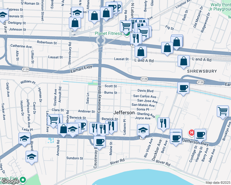 map of restaurants, bars, coffee shops, grocery stores, and more near 1405 Claiborne Drive in Jefferson