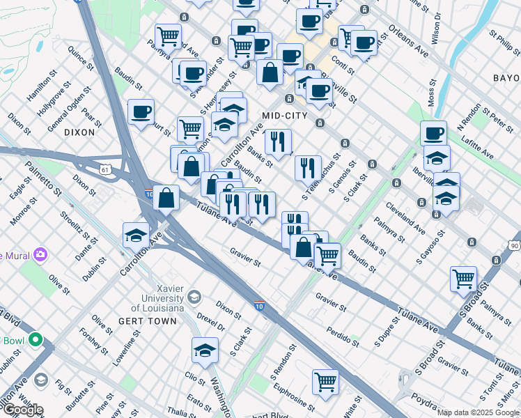 map of restaurants, bars, coffee shops, grocery stores, and more near 3824 D Hemecourt Street in New Orleans
