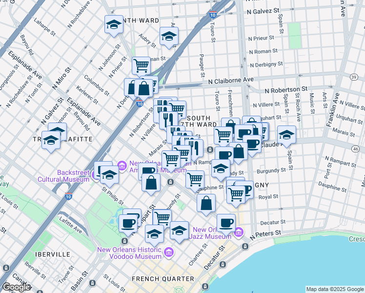 map of restaurants, bars, coffee shops, grocery stores, and more near 1211 Annette Street in New Orleans