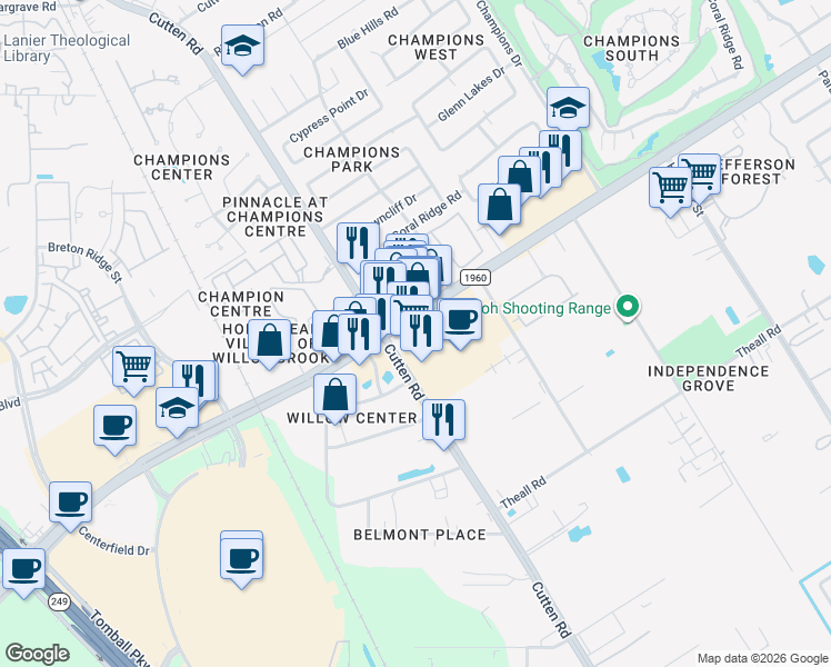 map of restaurants, bars, coffee shops, grocery stores, and more near 6927 Business Farm to Market Road 1960 A in Houston