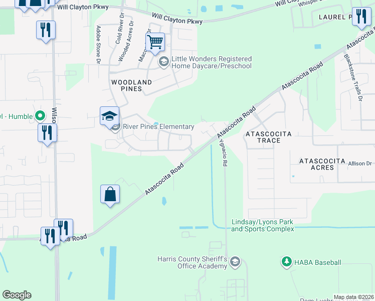 map of restaurants, bars, coffee shops, grocery stores, and more near 2730 Cold River Drive in Humble