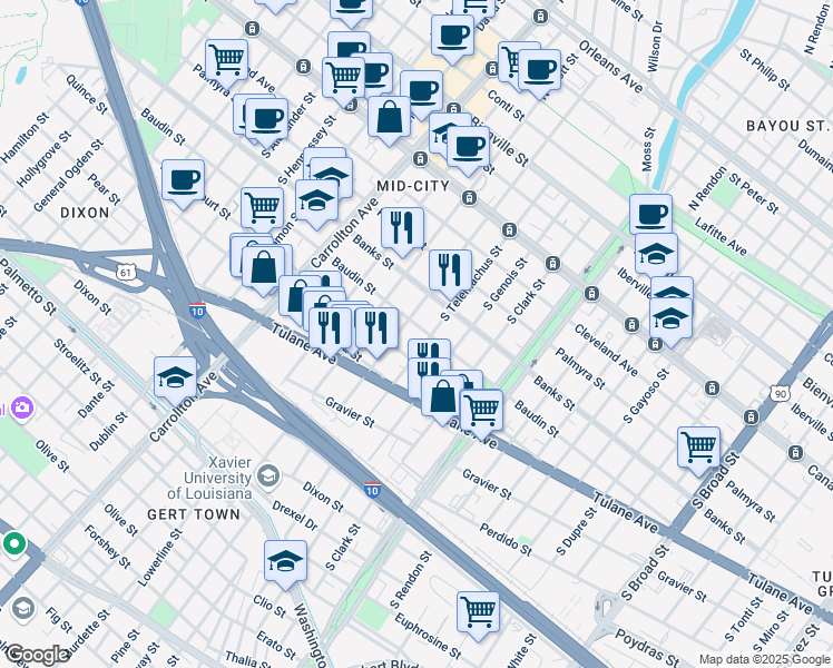 map of restaurants, bars, coffee shops, grocery stores, and more near 3720 Baudin Street in New Orleans