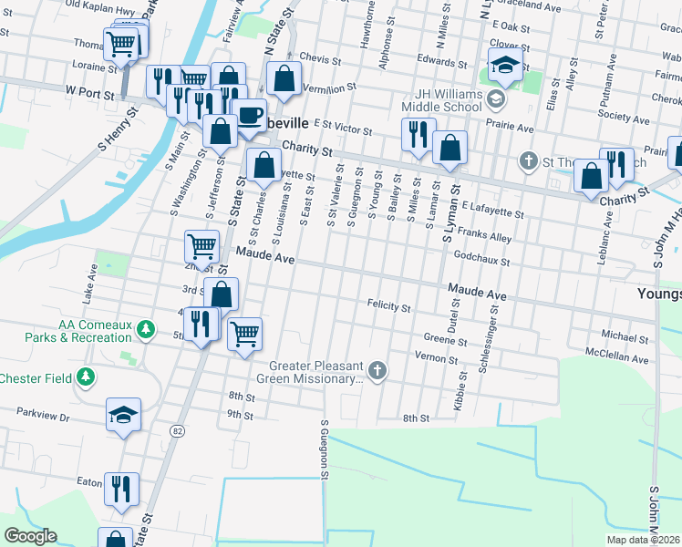map of restaurants, bars, coffee shops, grocery stores, and more near 50 South Guegnon Street in Abbeville