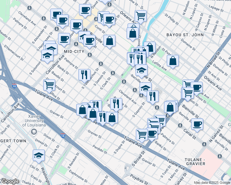 map of restaurants, bars, coffee shops, grocery stores, and more near 218 South Jefferson Davis Parkway in New Orleans