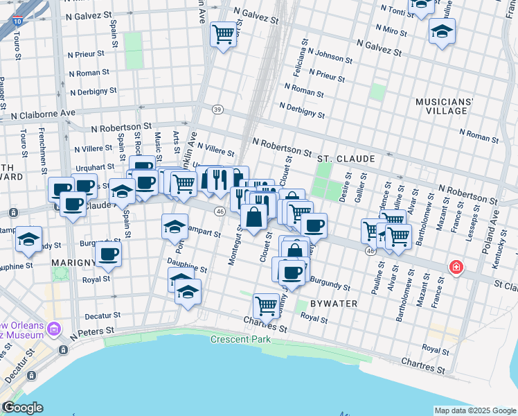 map of restaurants, bars, coffee shops, grocery stores, and more near 3032 Marais Street in New Orleans
