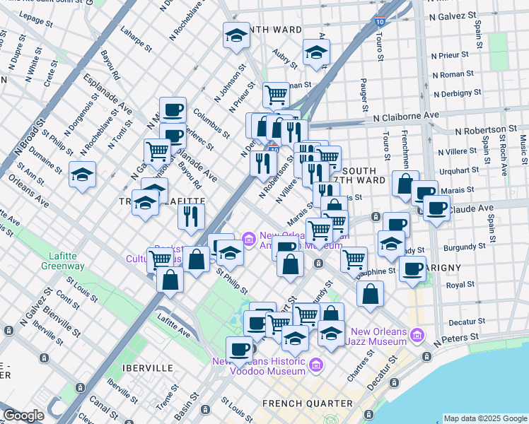 map of restaurants, bars, coffee shops, grocery stores, and more near 1422 Esplanade Avenue in New Orleans